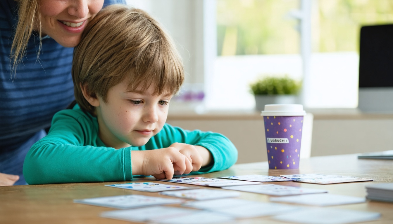 Kind dat samen met een coach werkt met kaartjes over faalangst en helpende gedachten