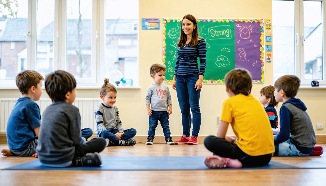 Groep kinderen die tijdens de Strong Kids training in een kring een actieve oefening doen onder begeleiding van een trainer